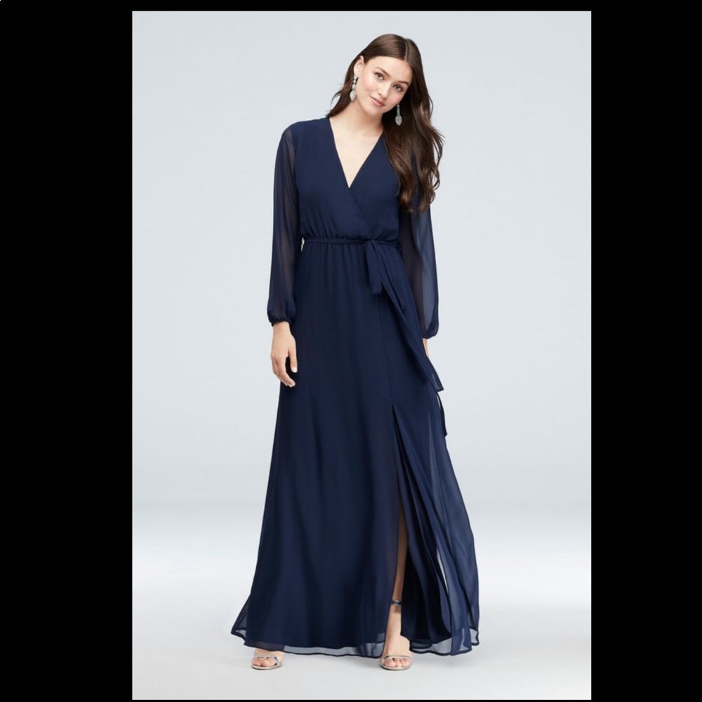 David’s Bridal DB Studio Long Sleeve Chiffon Faux-Wrap Dress, navy